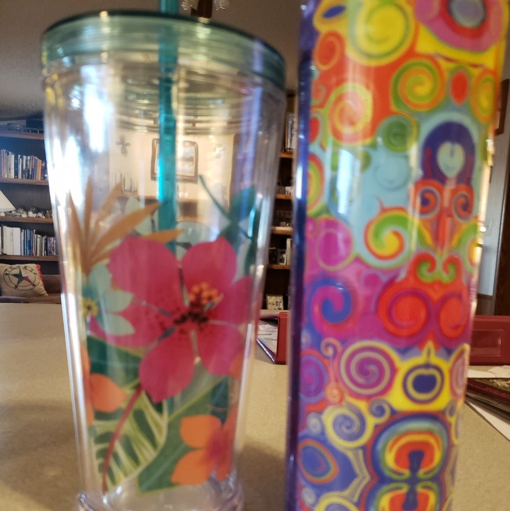 3 fun cups and bowl. 2 plastic cups, one thin stainless steel and small bowl.